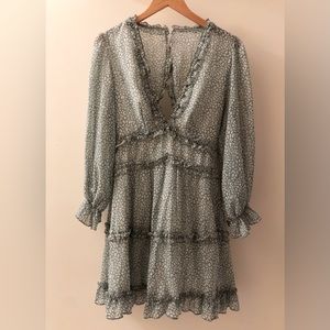 Deep V Neck Ruffle Long Sleeve Floral Print Mini Dress